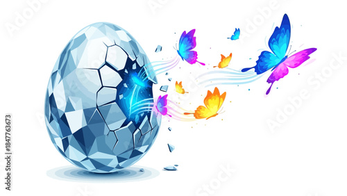 Cracked crystal egg with butterflies emerging