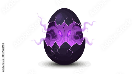 Cracked dark egg emitting purple smoke revealing glowing eyes and tentacles