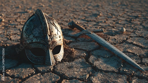 Ancient Viking Helmet and Sword Lying on Cracked Dry Earth.
