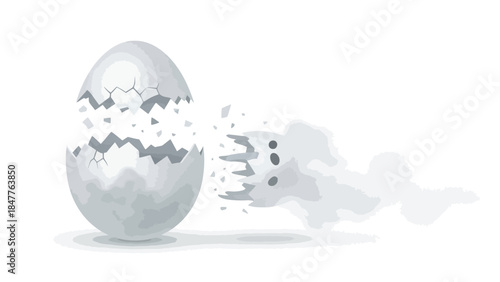 Cracked egg with fragments exploding outwards into smoke
