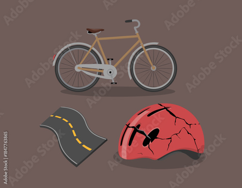 Bicycle, damaged helmet, and road illustration, cycling safety concept