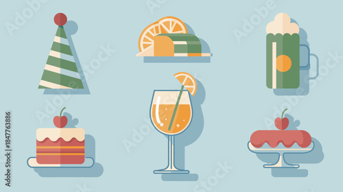 Colorful party celebration food and drink icons, flat vector illustrations