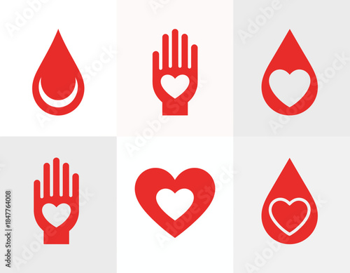 Red blood drop, heart, and caring hand symbols for health, donation.