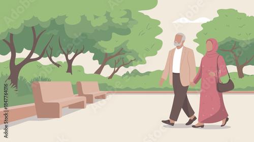Senior Muslim couple walking hand in hand, enjoying a day in the park