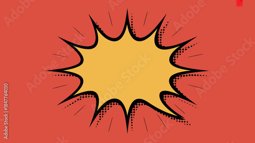 Vibrant comic style speech bubble, explosive yellow burst, halftone pattern
