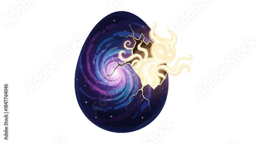 Cracked egg with swirling galaxy inside yellow creature emerges