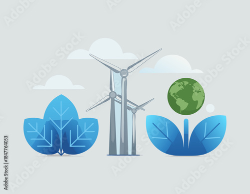 Renewable energy wind turbines, green earth globe, natural growth leaves