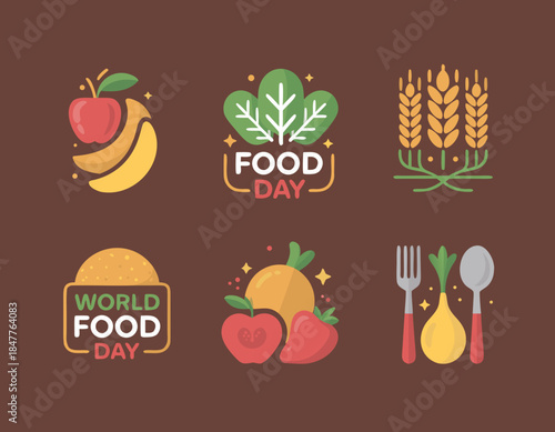 World Food Day illustrations, healthy eating, fresh fruits, vegetables, grains