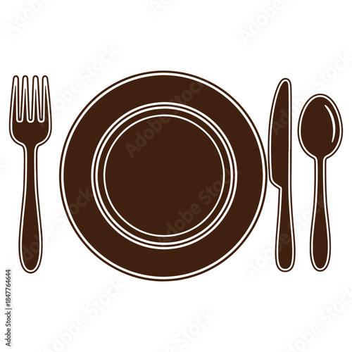 Brown Dinnerware Set Illustration with Fork Knife Spoon and Plate on Transparent Background
