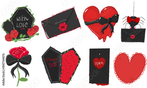 Dark romance Anti valentine's goth collection png vector cliparts, including hearts, roses, letters, spider, and coffins. These illustrations capture the essence of romance, affection black red color