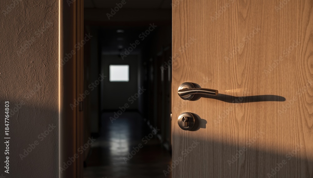 Obraz premium Open wooden doorway leading to dim hallway