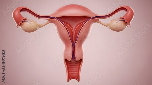 Photorealistic 3D rendering of the human uterus, including detailed fallopian tubes, cervix, and uterine walls. The anatomical structures are clear and visible, with a soft pink background. High-resol