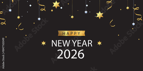 Festive 2026 Happy New Year greeting card with golden hanging stars, ribbon curls, dark background, refined typography, premium and elegant holiday style.