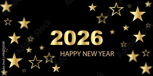 Festive black and gold New Year 2026 illustration with star confetti, glowing highlights, minimal yet luxurious composition, joyful celebration theme.