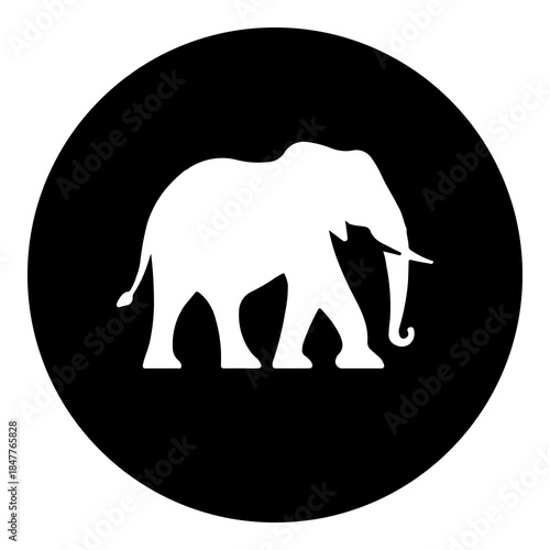 A elephant in the center. Isolated white symbol in black circle. Illustration on transparent background