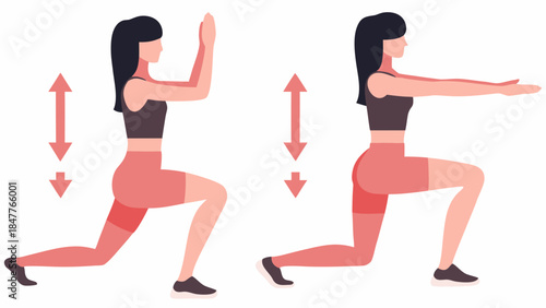 Two women demonstrating alternating forward lunges with arm variations in a fitness illustration style