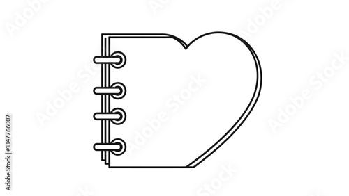 Minimalistic black and white sketch of a notebook with a heart shape on the cover