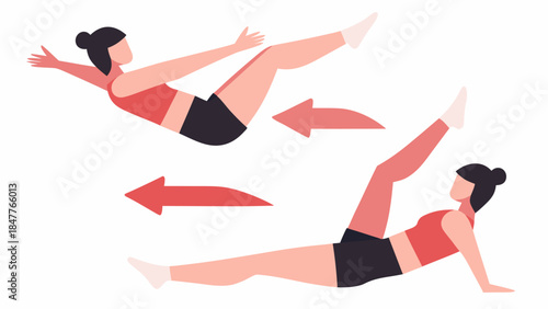 Illustration showing a woman doing alternating leg raises with arrows indicating movement and direction