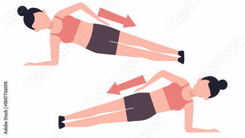 Two illustrations of a woman doing side plank dips with arrows indicating movement on a white background