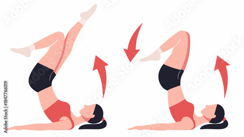 Illustration showing woman performing leg raises exercise with arrows indicating movement direction and form