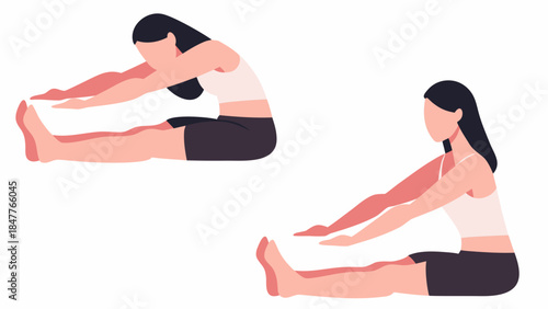 Two illustrations of a woman in a seated forward bend yoga pose with arms extended toward feet