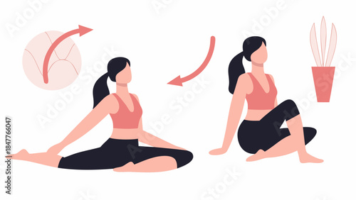 Illustration of a woman in two yoga poses with arrows indicating movement and a potted plant on the side