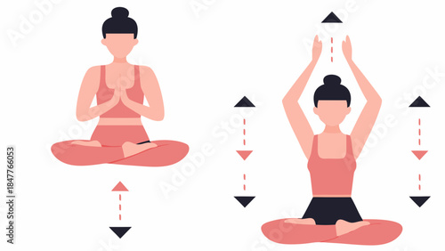 Two yoga positions showing woman in lotus pose with hands in prayer and arms raised with arrows