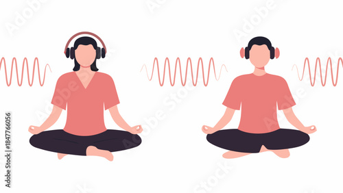 Two people meditating with headphones and sound waves on a white background in a vector illustration