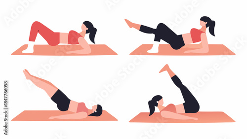 Four poses of a woman doing core strengthening and leg exercises on a mat in a fitness illustration style
