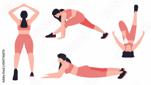 Illustration showing a woman in various yoga poses wearing a pink outfit on a white background image