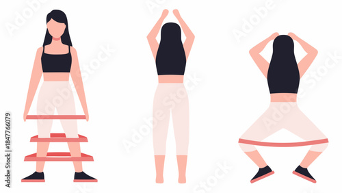Three poses of a woman exercising with a resistance band in different positions for a workout routine