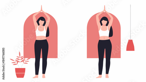 Two women in yoga poses in front of arched windows with a potted plant and hanging light fixture