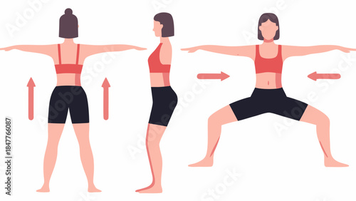 Illustration showing woman doing a sumo squat exercise with arms extended to the sides in three views