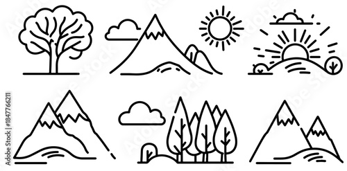 Clean line art icons of trees, mountains, hills, sun, clouds and forests. Perfect for nature, outdoor branding, travel and educational visuals; modern, versatile, and easy to integrate