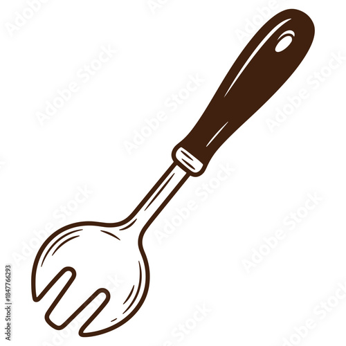 Brown wooden salad serving spoon with a long handle isolated on a white background