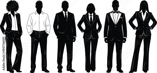 Business professionals silhouettes set, men and women in formal suits standing confidently, corporate teamwork leadership concept isolated on white background