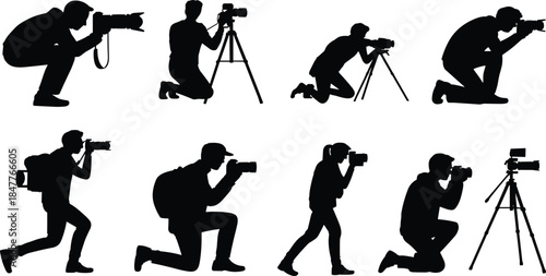 Photographer silhouettes set, professional camera shooting poses with tripod, black vector photographers isolated on white background illustration