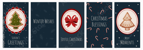Christmas social media story templates with gingerbread cookies, festive decorations and holiday lettering on dark backgrounds