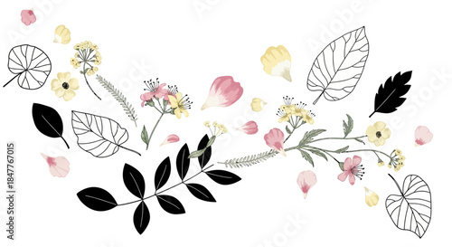 Delicate floral arrangement featuring pastel flowers and leaves on a white background