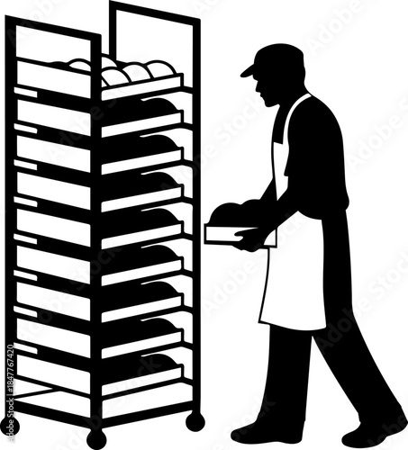 Baker with Bread Rack – Commercial Baking Process Vector Illustration