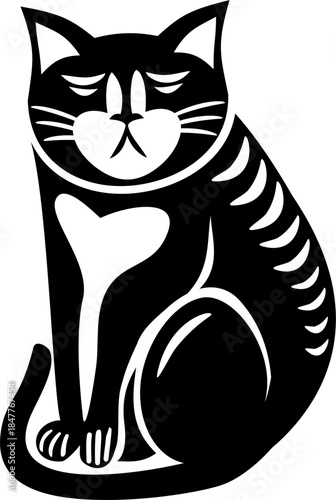 Vector silhouette of a sitting cat, stylized black and white cat