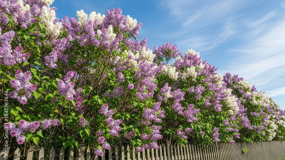 Obraz premium Vibrant lilac blossoms against blue sky along wooden fence in springtime