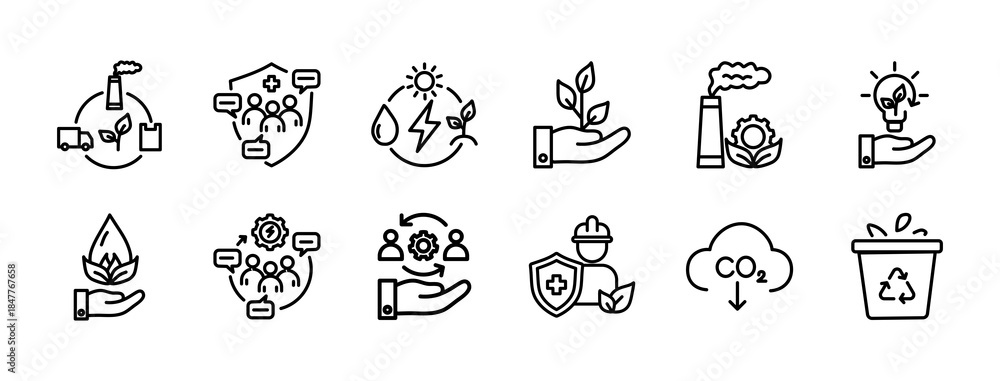 Obraz premium Environmental Social Governance icon set outline collection contains Carbon Emission Reduction, Renewable Energy Use, Waste Management, Water Conservation, Green Supply Chain, Energy Efficiency