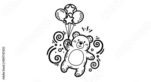Cute cartoon teddy bear holding colorful balloons with whimsical swirls in the background