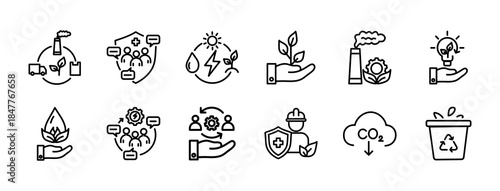 Environmental Social Governance icon set outline collection contains Carbon Emission Reduction, Renewable Energy Use, Waste Management, Water Conservation, Green Supply Chain, Energy Efficiency