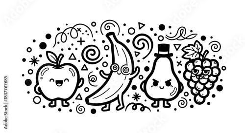 Playful cartoon fruits including an apple, banana, pear, and grapes with whimsical designs