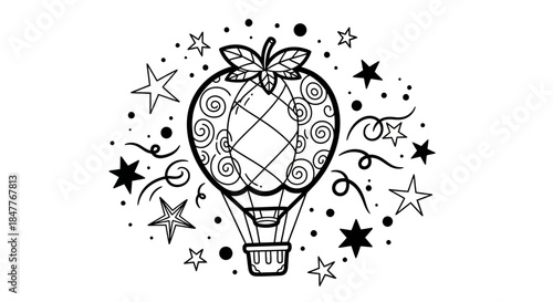 Colorful hot air balloon surrounded by whimsical stars and swirls in a playful design