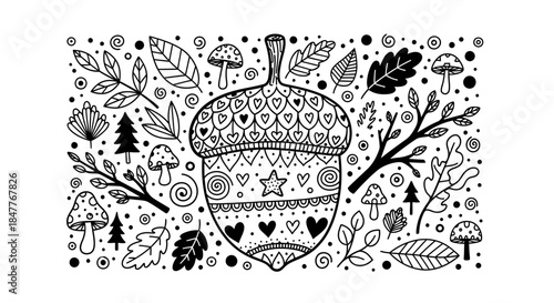 Decorative illustration featuring an acorn surrounded by leaves, mushrooms, and trees in a whimsical design
