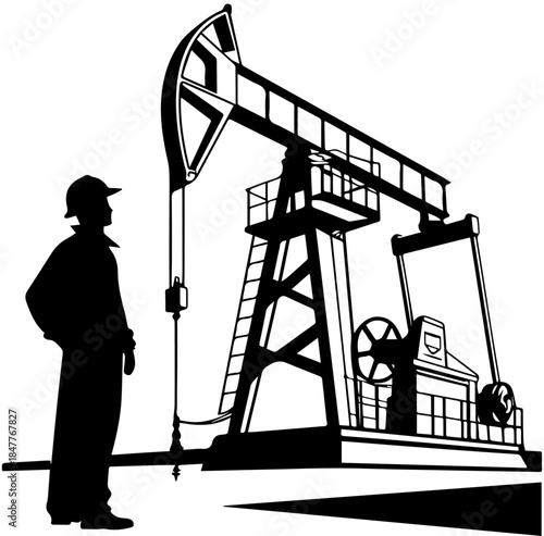 Silhouette of Oil Pumpjack and Worker – Petroleum Industry Vector