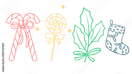 Minimalist Christmas line art SVG set featuring candy cane, lollipop, holly leaf, and stocking, perfect for modern holiday designs and creative projects.